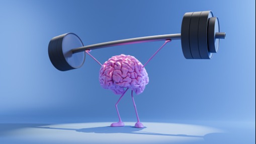 3D illustration of pink color human brain lifting heavy barbell. Training mind and mental health concept. Train your brain.